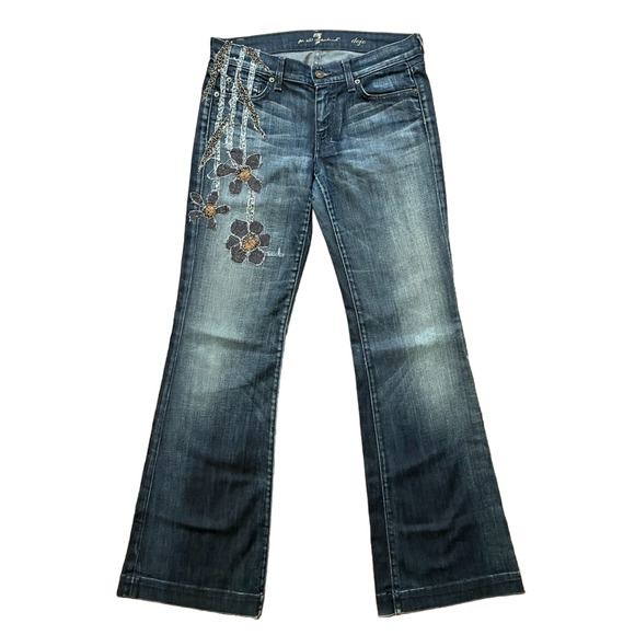 SPECIAL RARE 7 FOR ALL MANKIND Low Rise Dojo Jeans with Floral Applique SZ 28 - Picture 1 of 10